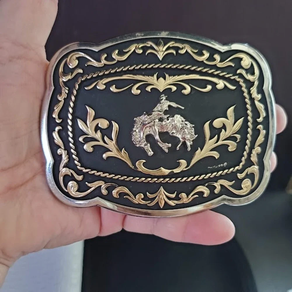 ALSA Western Belt Buckle Silver Gold Tone Bucking Bronco Rodeo Cowboy Black Base